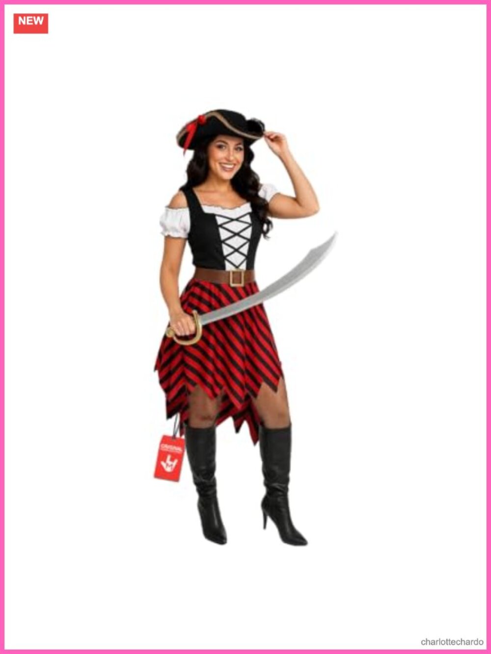 Women's Pirate Costume Off-Shoulder Dress Belt Hat Halloween Cosplay